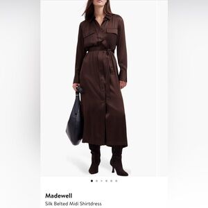 Madewell 100% Silk Belted Midi Shirt Dress Brown Neutral Lightweight Work Dress